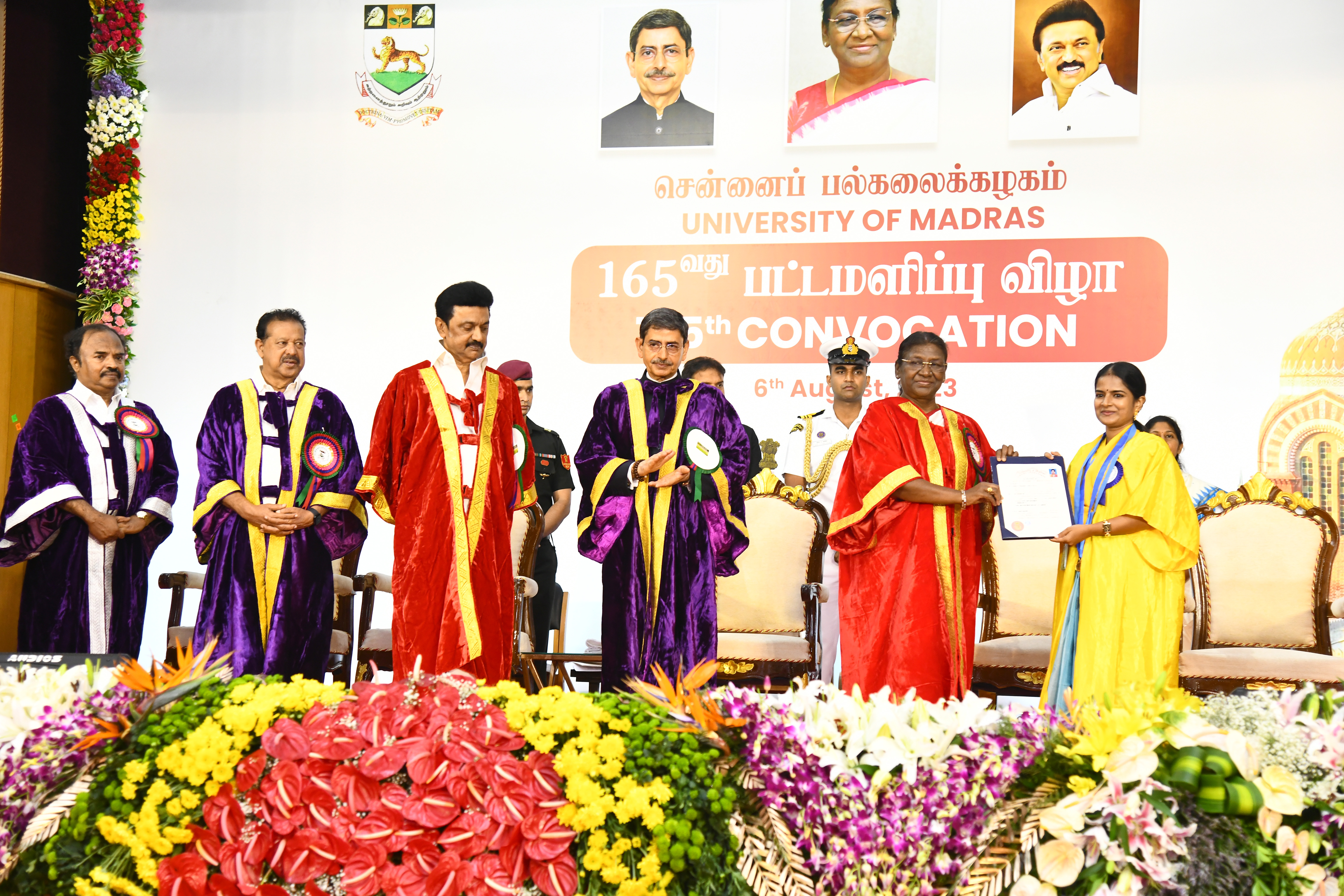 Ms. Nishanthini R (Batch 2020-2022 M.B.A) Receiving the gold medal  during the 165th Convocation of the university of Madras